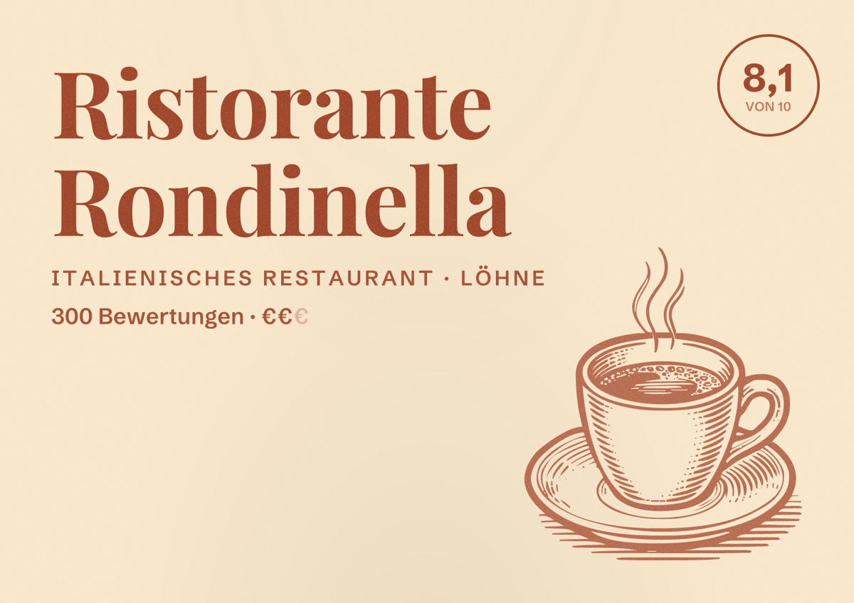 Illustriertes Poster von Ristorante Rondinella, Italienisches Restaurant in Löhne: Bewertung 8,1 von 10 aus 300 Bewertungen, Preisniveau €€