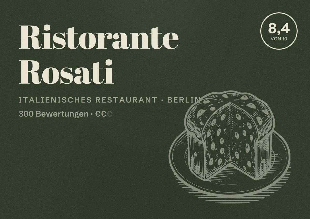 Illustriertes Poster von Ristorante Rosati, Italienisches Restaurant in Berlin: Bewertung 8,4 von 10 aus 300 Bewertungen, Preisniveau €€