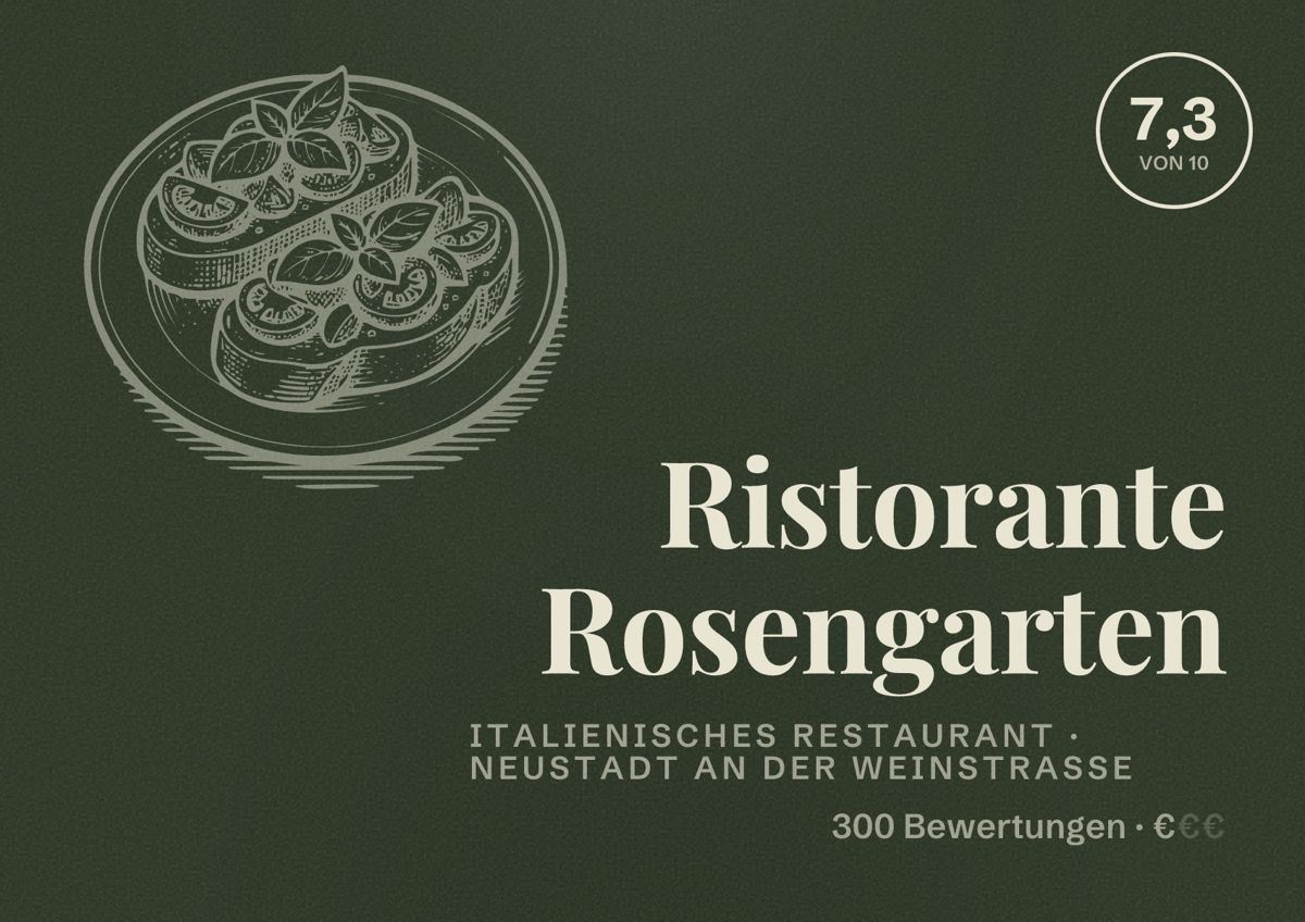 Illustriertes Poster von Ristorante Rosengarten, Italienisches Restaurant in Neustadt an der Weinstraße: Bewertung 7,3 von 10 aus 300 Bewertungen, Preisniveau €
