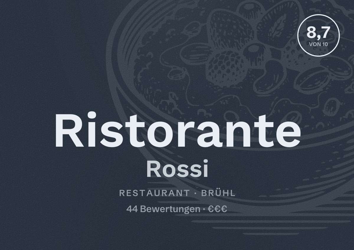 Illustriertes Poster von Ristorante Rossi, Restaurant in Brühl: Bewertung 8,7 von 10 aus 44 Bewertungen, Preisniveau €€€