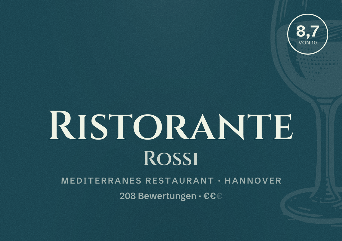 Illustriertes Poster von Ristorante Rossi, Mediterranes Restaurant in Hannover: Bewertung 8,7 von 10 aus 208 Bewertungen, Preisniveau €€