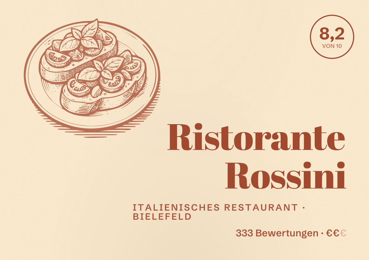 Illustriertes Poster von Ristorante Rossini, Italienisches Restaurant in Bielefeld: Bewertung 8,2 von 10 aus 333 Bewertungen, Preisniveau €€