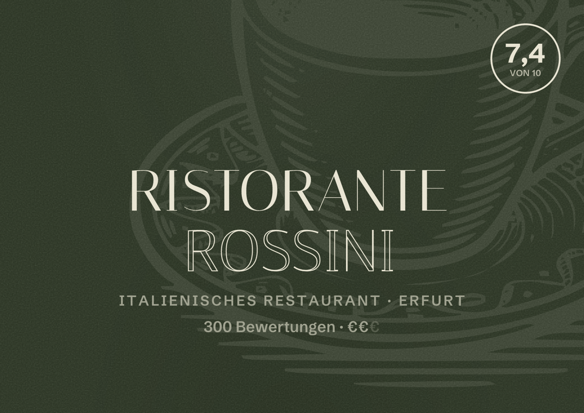 Illustriertes Poster von Ristorante Rossini, Italienisches Restaurant in Erfurt: Bewertung 7,4 von 10 aus 300 Bewertungen, Preisniveau €€