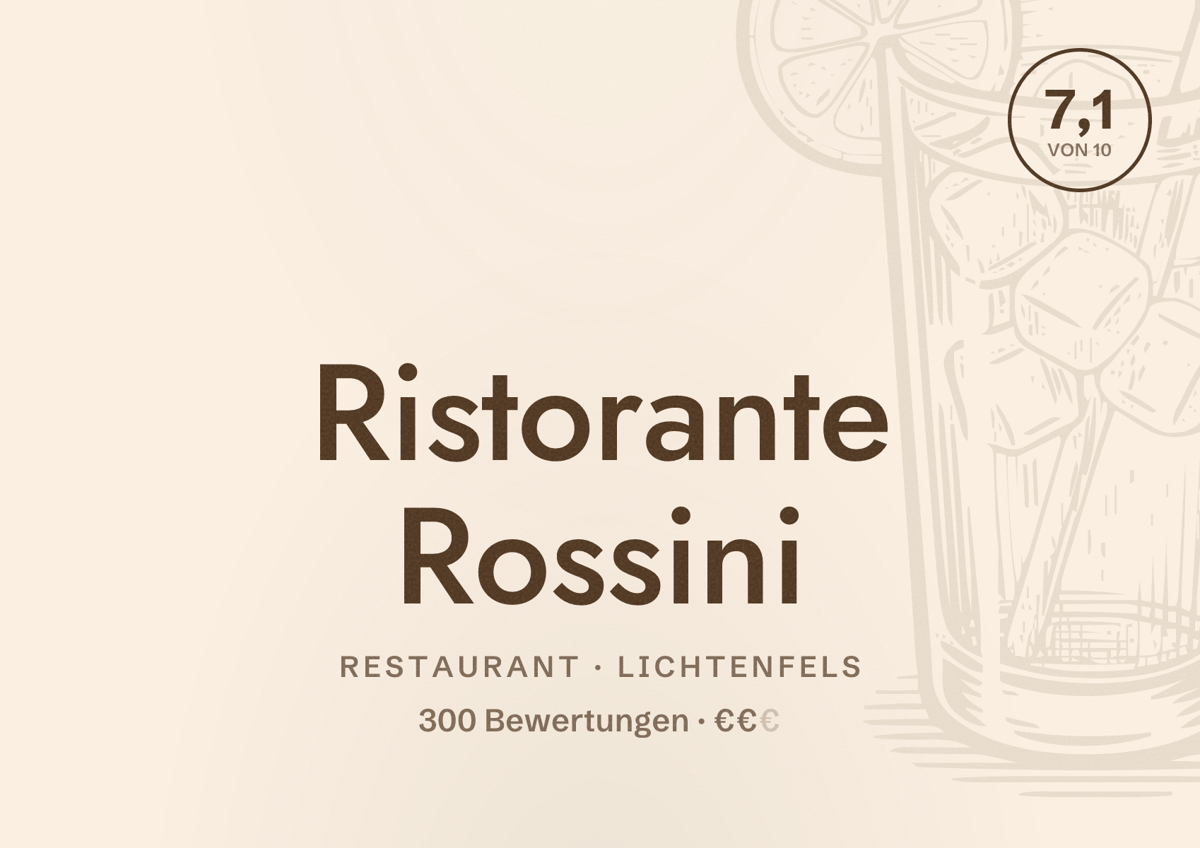 Illustriertes Poster von Ristorante Rossini, Restaurant in Lichtenfels: Bewertung 7,1 von 10 aus 300 Bewertungen, Preisniveau €€