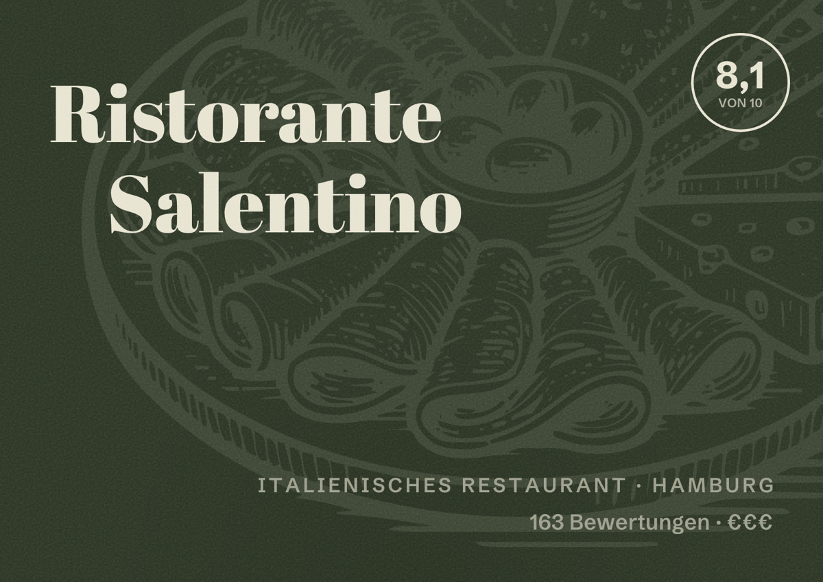 Illustriertes Poster von Ristorante Salentino, Italienisches Restaurant in Hamburg: Bewertung 8,1 von 10 aus 163 Bewertungen, Preisniveau €€€