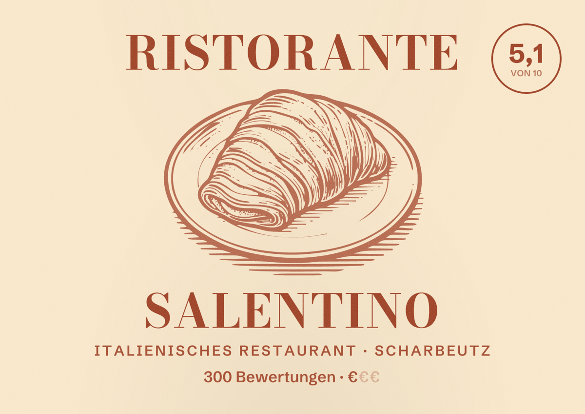 Illustriertes Poster von Ristorante Salentino, Italienisches Restaurant in Scharbeutz: Bewertung 5,1 von 10 aus 300 Bewertungen, Preisniveau €