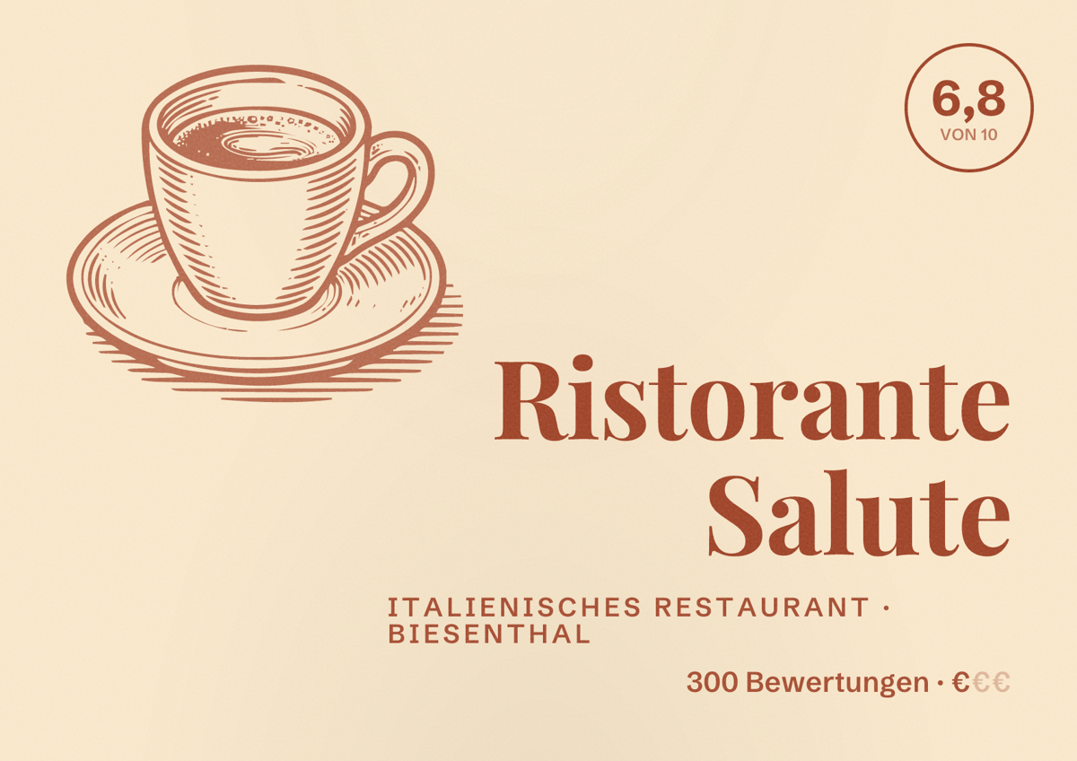 Illustriertes Poster von Ristorante Salute, Italienisches Restaurant in Biesenthal: Bewertung 6,8 von 10 aus 300 Bewertungen, Preisniveau €