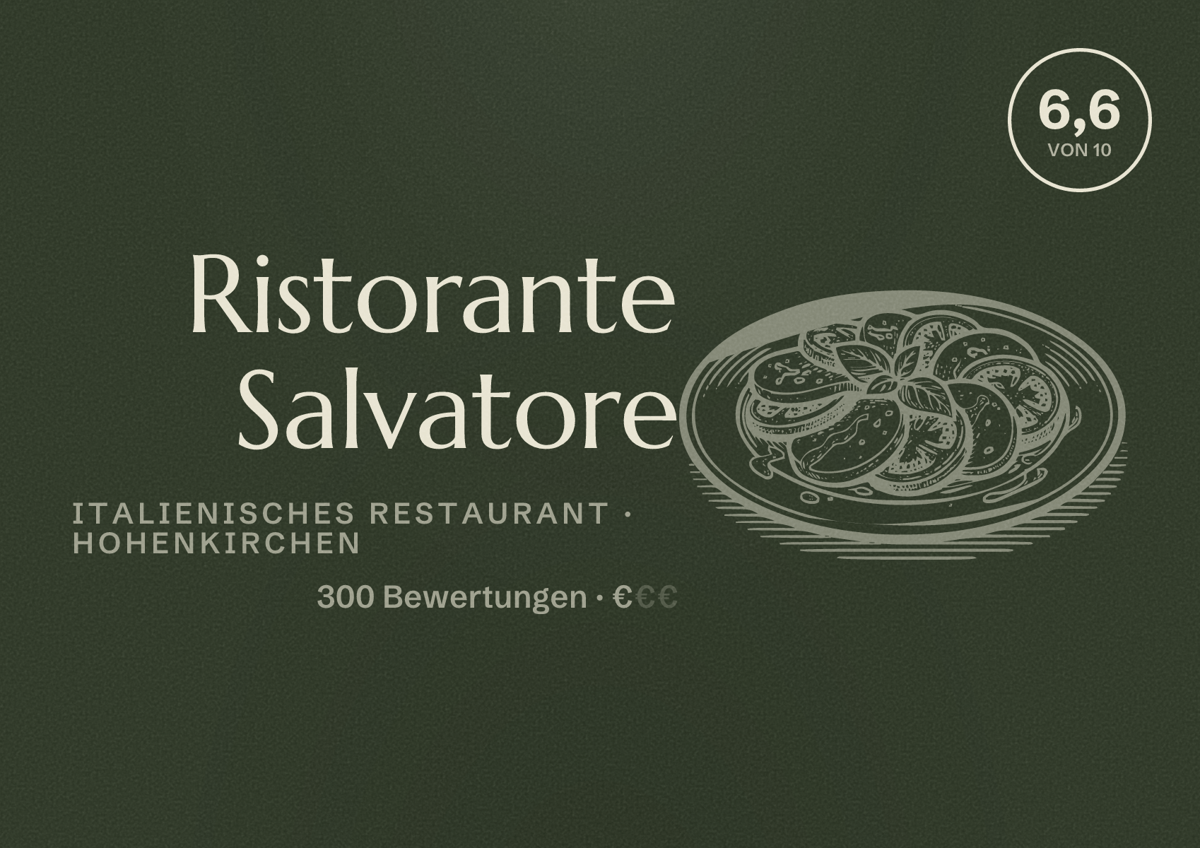 Illustriertes Poster von Ristorante Salvatore, Italienisches Restaurant in Hohenkirchen: Bewertung 6,6 von 10 aus 300 Bewertungen, Preisniveau €