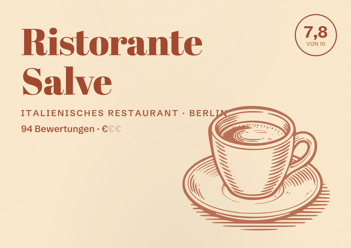 Illustriertes Poster von Ristorante Salve, Italienisches Restaurant in Berlin: Bewertung 7,8 von 10 aus 94 Bewertungen, Preisniveau €