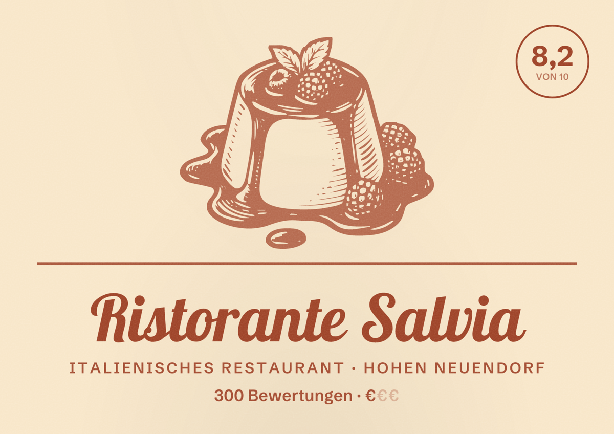 Illustriertes Poster von Ristorante Salvia, Italienisches Restaurant in Hohen Neuendorf: Bewertung 8,2 von 10 aus 300 Bewertungen, Preisniveau €