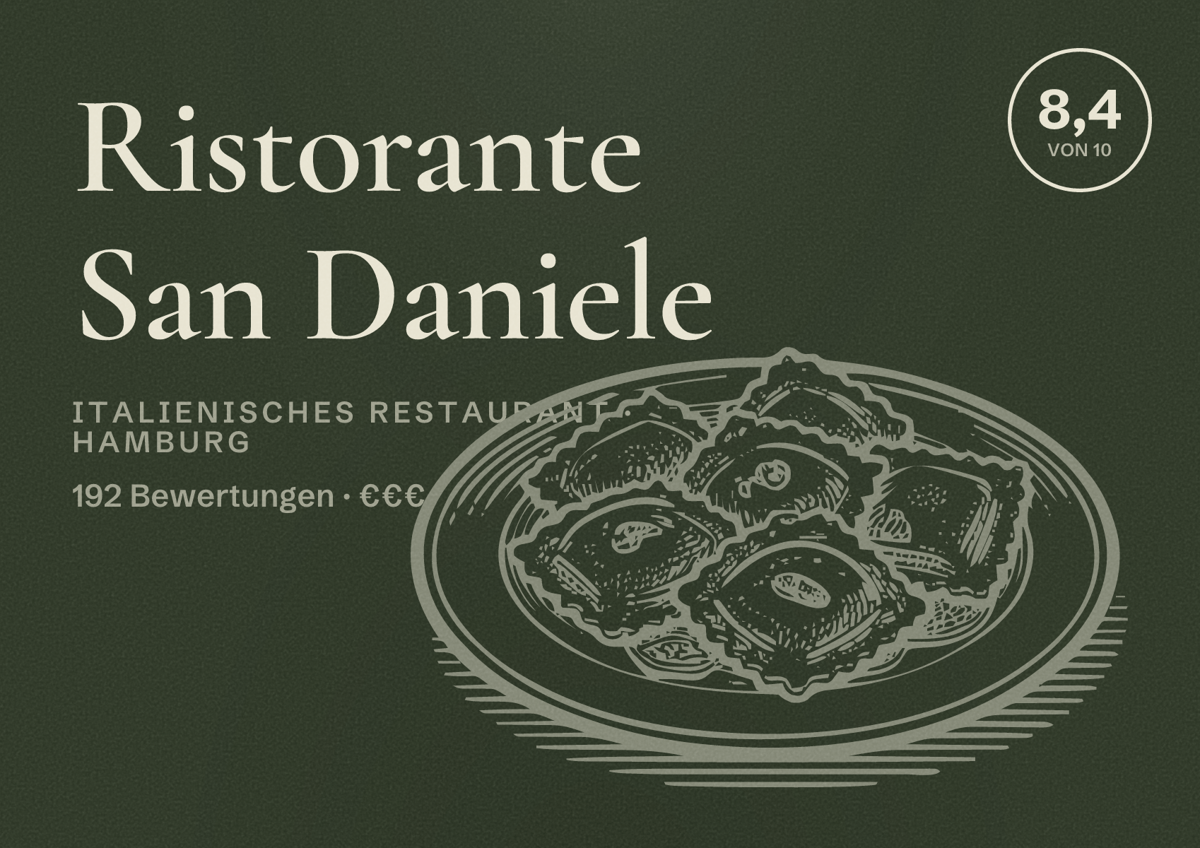 Illustriertes Poster von Ristorante San Daniele, Italienisches Restaurant in Hamburg: Bewertung 8,4 von 10 aus 192 Bewertungen, Preisniveau €€€