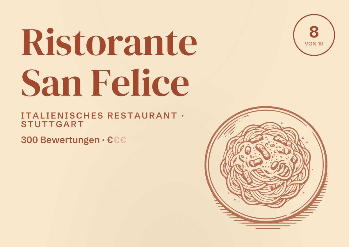 Illustriertes Poster von Ristorante San Felice, Italienisches Restaurant in Stuttgart: Bewertung 8,0 von 10 aus 300 Bewertungen, Preisniveau €