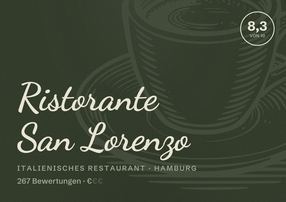 Illustriertes Poster von Ristorante San Lorenzo, Italienisches Restaurant in Hamburg: Bewertung 8,3 von 10 aus 267 Bewertungen, Preisniveau €