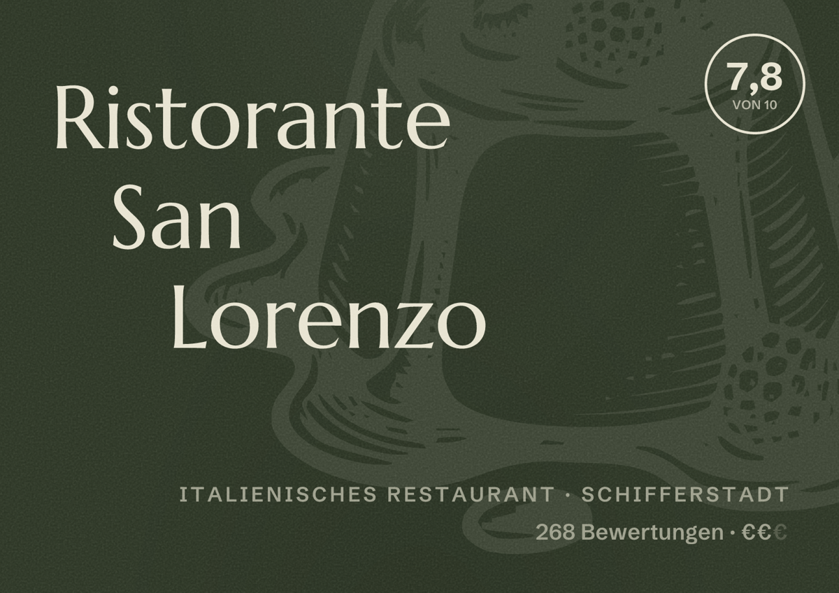 Illustriertes Poster von Ristorante San Lorenzo, Italienisches Restaurant in Schifferstadt: Bewertung 7,8 von 10 aus 268 Bewertungen, Preisniveau €€