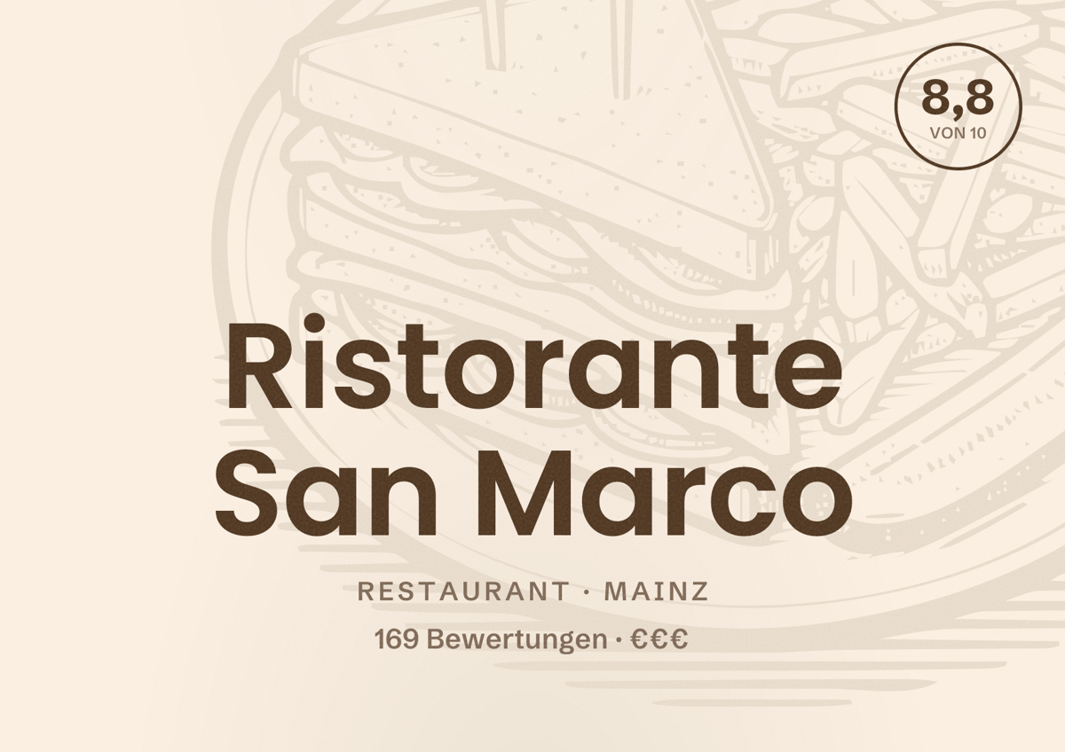 Illustriertes Poster von Ristorante San Marco, Restaurant in Mainz: Bewertung 8,8 von 10 aus 169 Bewertungen, Preisniveau €€€