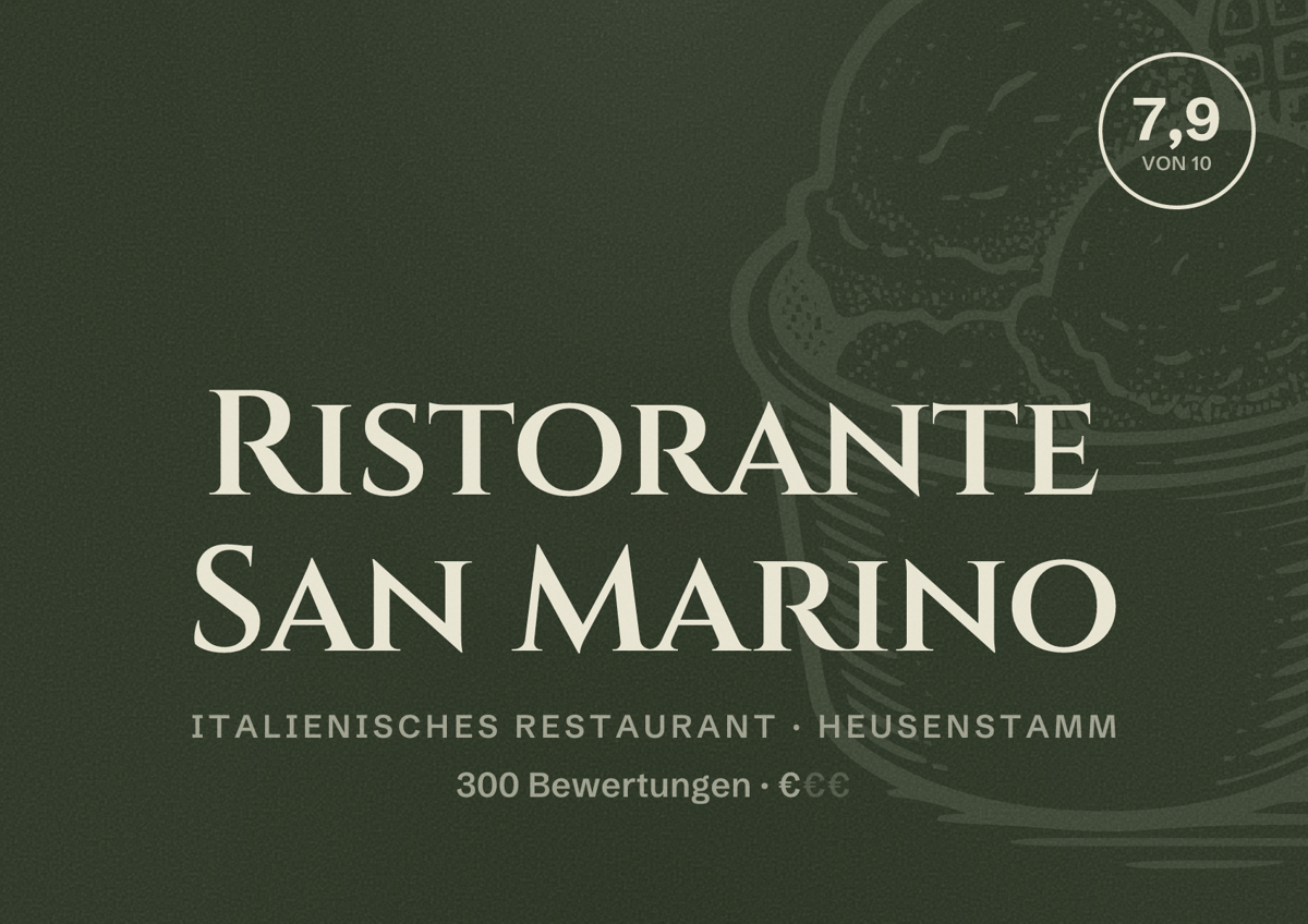 Illustriertes Poster von Ristorante San Marino, Italienisches Restaurant in Heusenstamm: Bewertung 7,9 von 10 aus 300 Bewertungen, Preisniveau €