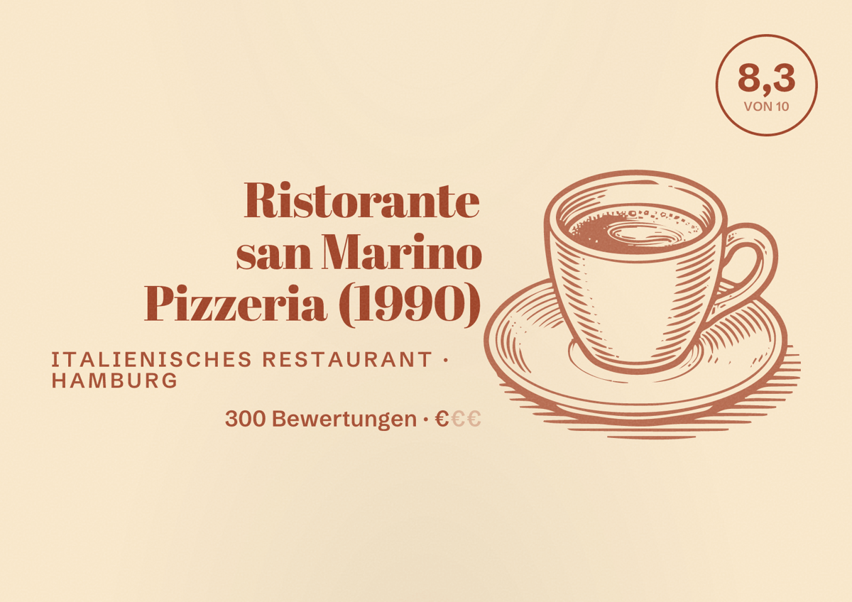 Illustriertes Poster von Ristorante san Marino Pizzeria (1990), Italienisches Restaurant in Hamburg: Bewertung 8,3 von 10 aus 300 Bewertungen, Preisniveau €