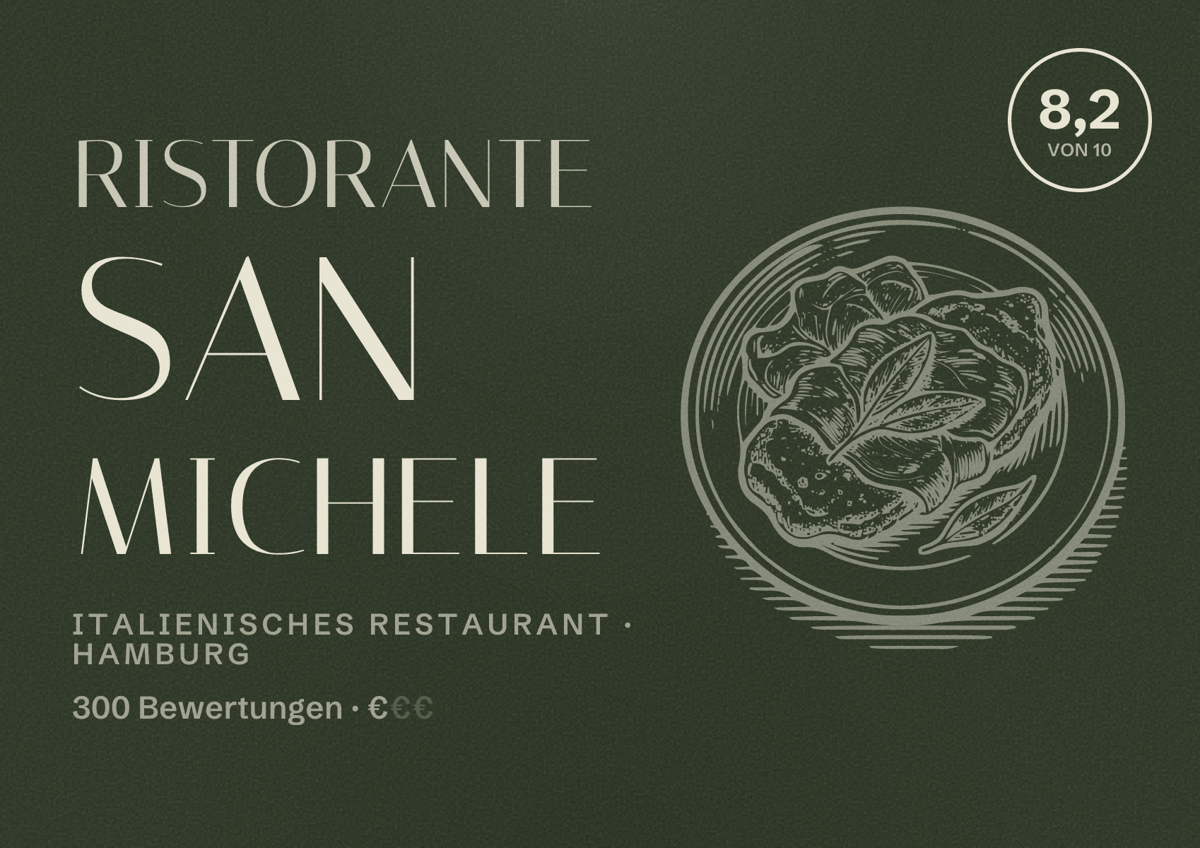 Illustriertes Poster von Ristorante San Michele, Italienisches Restaurant in Hamburg: Bewertung 8,2 von 10 aus 300 Bewertungen, Preisniveau €