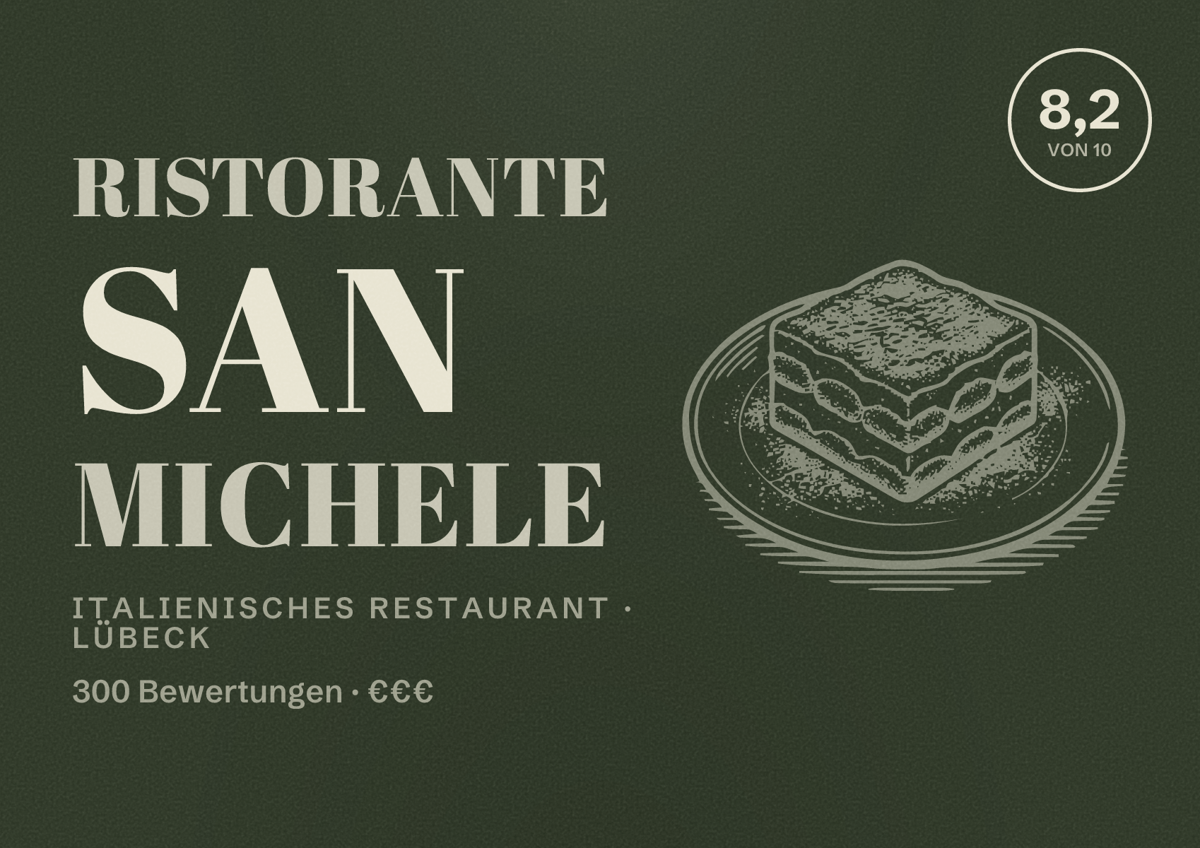 Illustriertes Poster von Ristorante San Michele, Italienisches Restaurant in Lübeck: Bewertung 8,2 von 10 aus 300 Bewertungen, Preisniveau €€€