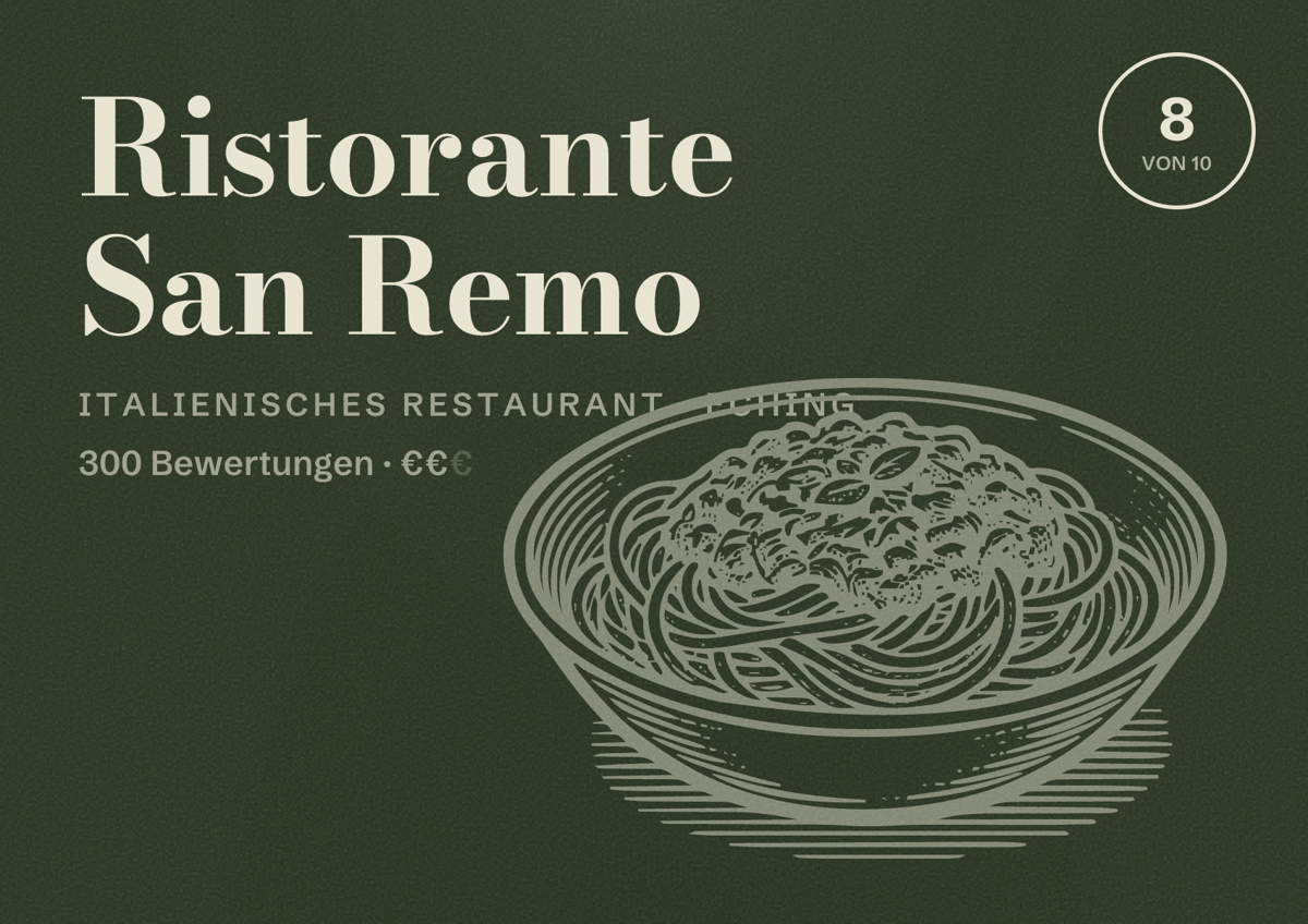 Illustriertes Poster von Ristorante San Remo, Italienisches Restaurant in Eching: Bewertung 8 von 10 aus 300 Bewertungen, Preisniveau €€