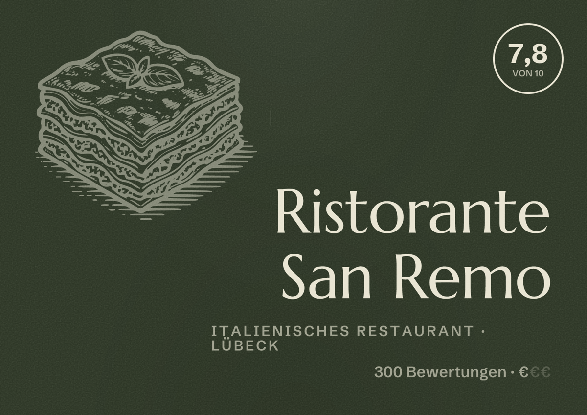 Illustriertes Poster von Ristorante San Remo, Italienisches Restaurant in Lübeck: Bewertung 7,8 von 10 aus 300 Bewertungen, Preisniveau €