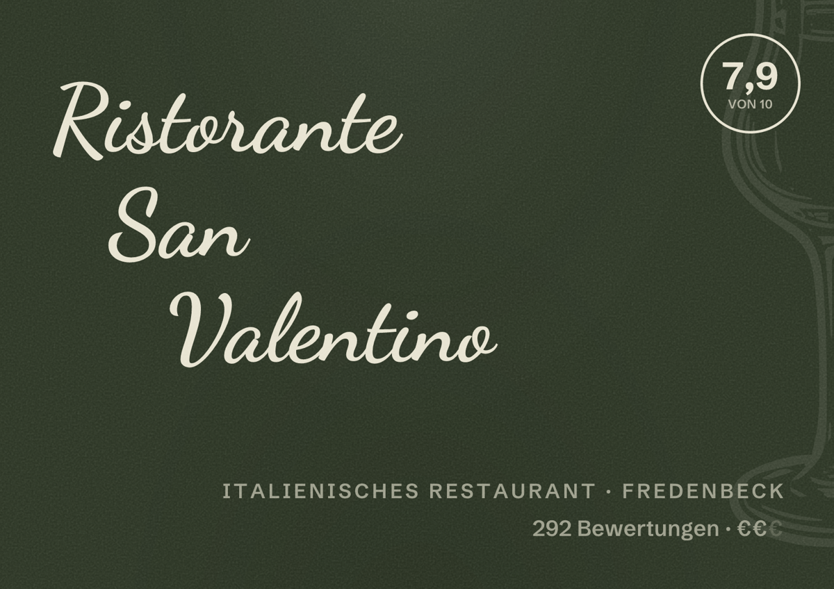 Illustriertes Poster von Ristorante San Valentino, Italienisches Restaurant in Fredenbeck: Bewertung 7,9 von 10 aus 292 Bewertungen, Preisniveau €€