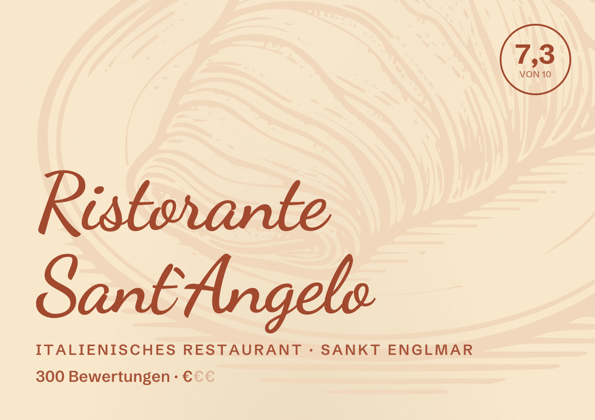 Illustriertes Poster von Ristorante Sant`Angelo, Italienisches Restaurant in Sankt Englmar: Bewertung 7,3 von 10 aus 300 Bewertungen, Preisniveau €