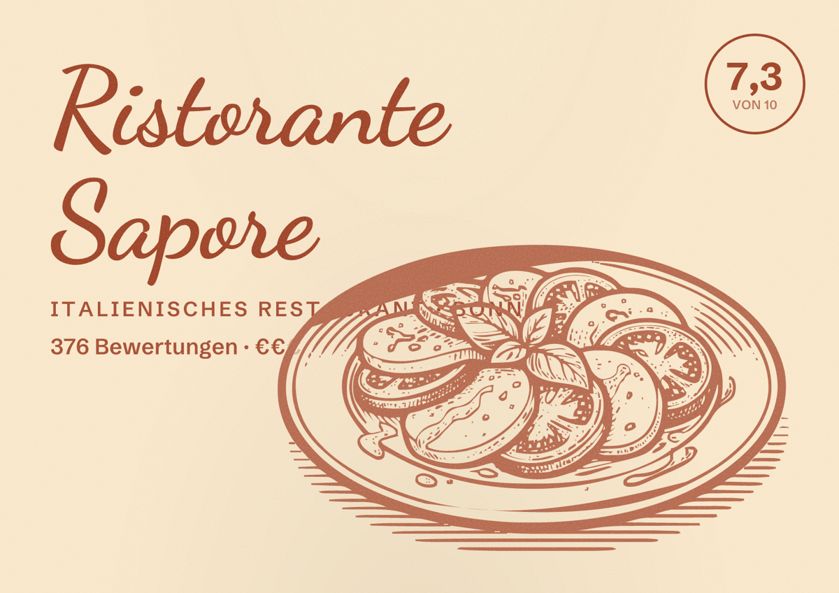 Illustriertes Poster von Ristorante Sapore, Italienisches Restaurant in Bonn: Bewertung 7,3 von 10 aus 376 Bewertungen, Preisniveau €€