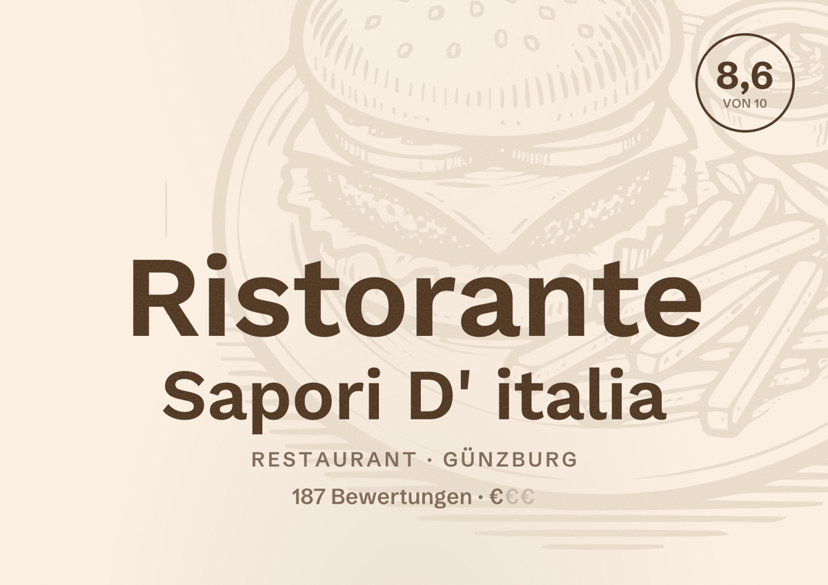Illustriertes Poster von Ristorante Sapori D' italia, Restaurant in Günzburg: Bewertung 8,6 von 10 aus 187 Bewertungen, Preisniveau €