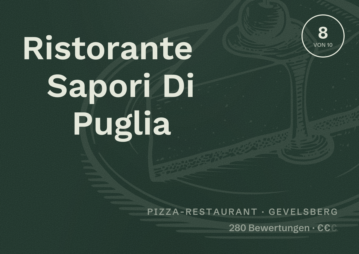 Illustriertes Poster von Ristorante Sapori Di Puglia, Pizza-Restaurant in Gevelsberg: Bewertung 8 von 10 aus 280 Bewertungen, Preisniveau €€