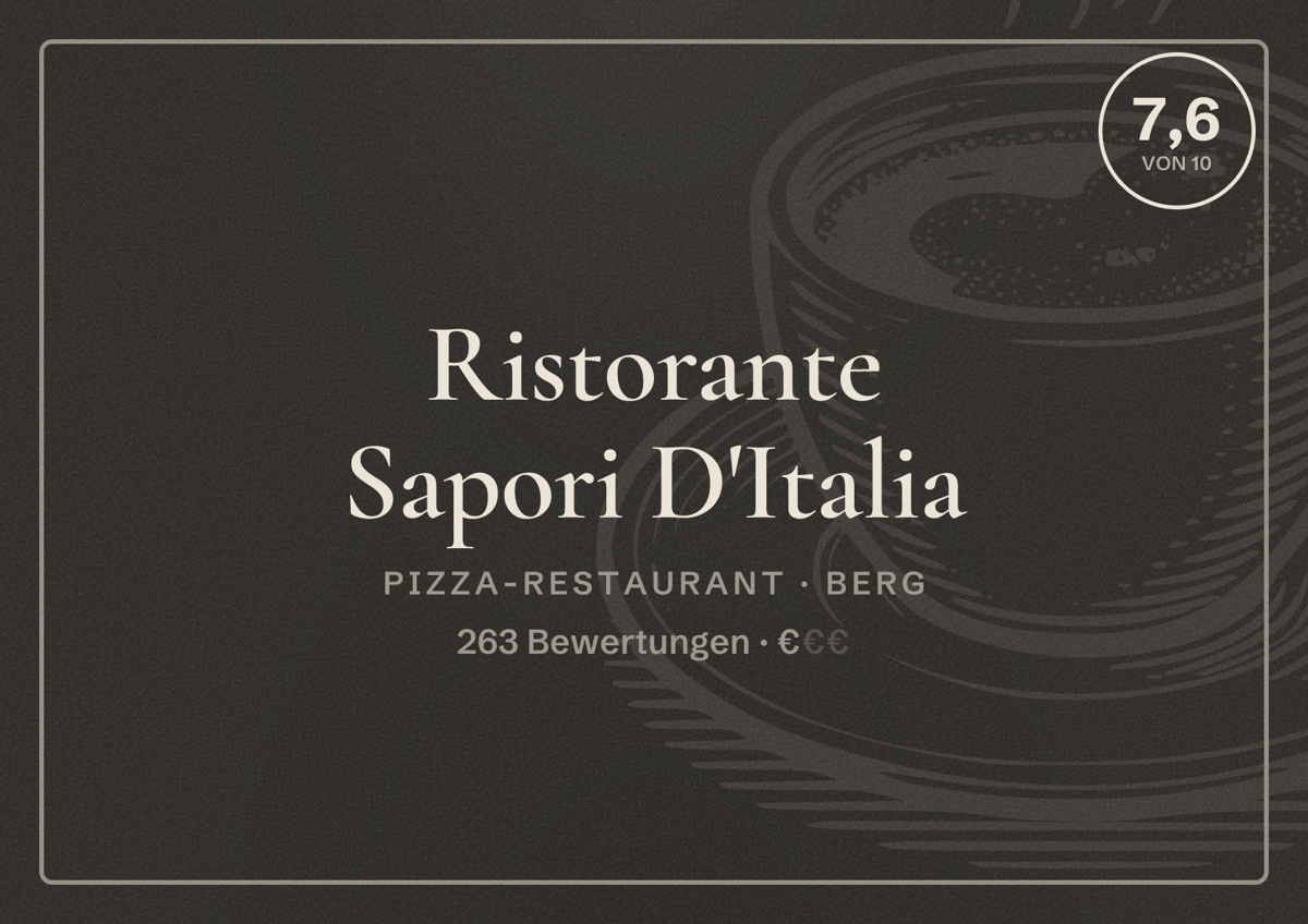 Illustriertes Poster von Ristorante Sapori D'Italia, Pizza-Restaurant in Berg: Bewertung 7,6 von 10 aus 263 Bewertungen, Preisniveau €