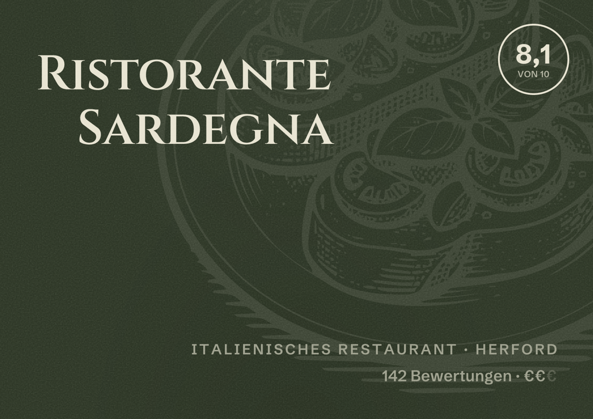 Illustriertes Poster von Ristorante Sardegna, Italienisches Restaurant in Herford: Bewertung 8,1 von 10 aus 142 Bewertungen, Preisniveau €€
