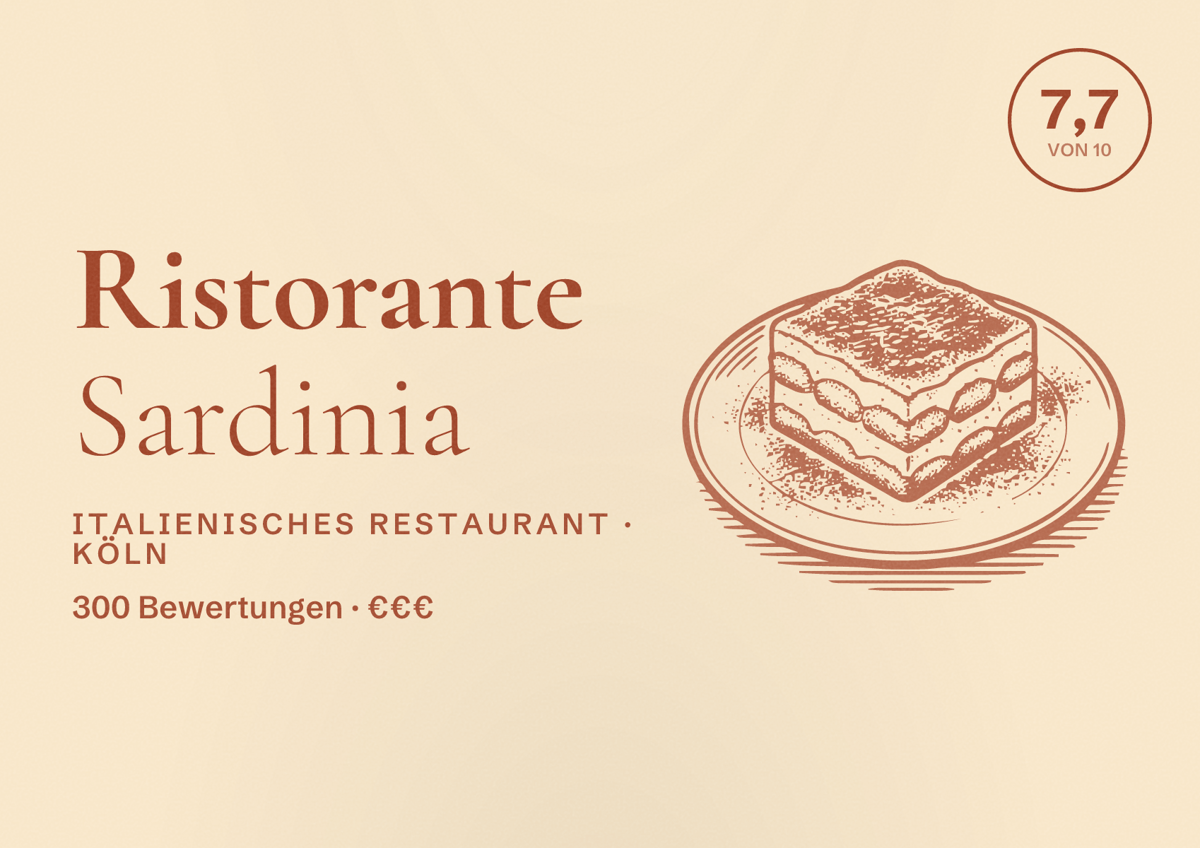 Illustriertes Poster von Ristorante Sardinia, Italienisches Restaurant in Köln: Bewertung 7,7 von 10 aus 300 Bewertungen, Preisniveau €€€