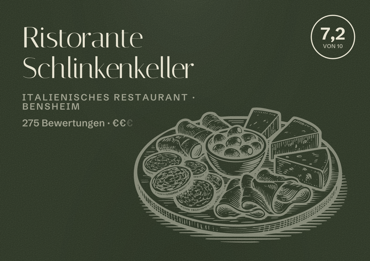 Illustriertes Poster von Ristorante Schlinkenkeller, Italienisches Restaurant in Bensheim: Bewertung 7,2 von 10 aus 275 Bewertungen, Preisniveau €€