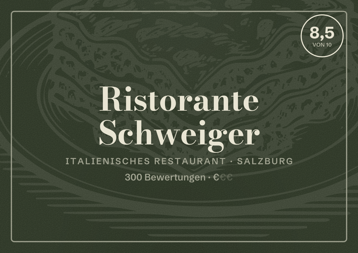 Illustriertes Poster von Ristorante Schweiger, Italienisches Restaurant in Salzburg: Bewertung 8,5 von 10 aus 300 Bewertungen, Preisniveau €