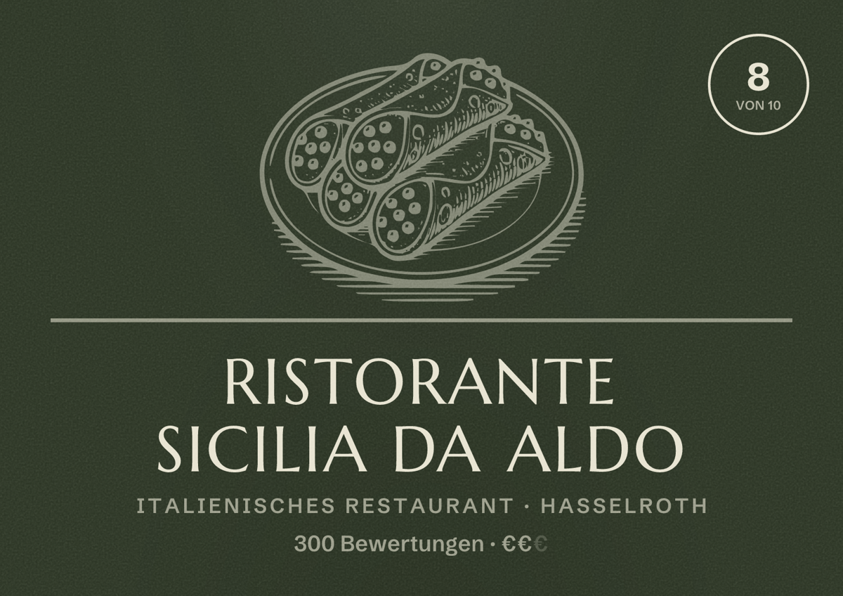 Illustriertes Poster von Ristorante Sicilia Da Aldo, Italienisches Restaurant in Hasselroth: Bewertung 8 von 10 aus 300 Bewertungen, Preisniveau €€