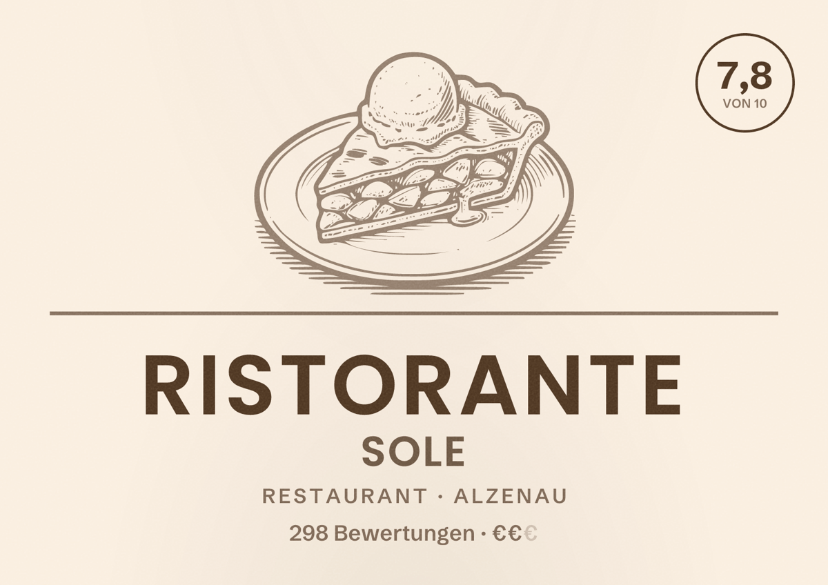 Illustriertes Poster von Ristorante Sole, Restaurant in Alzenau: Bewertung 7,8 von 10 aus 298 Bewertungen, Preisniveau €€