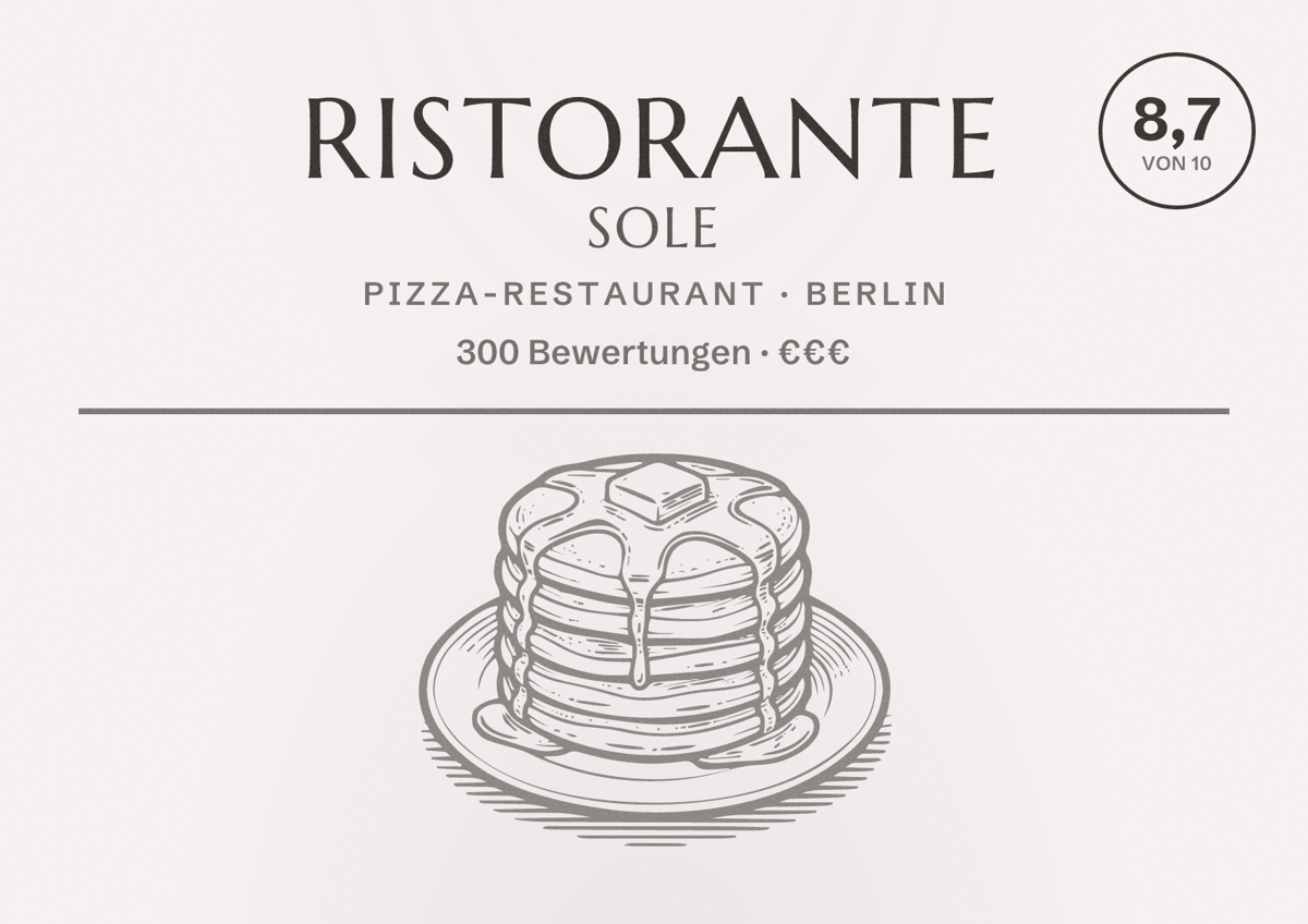 Illustriertes Poster von Ristorante Sole, Pizza-Restaurant in Berlin: Bewertung 8,7 von 10 aus 300 Bewertungen, Preisniveau €€€