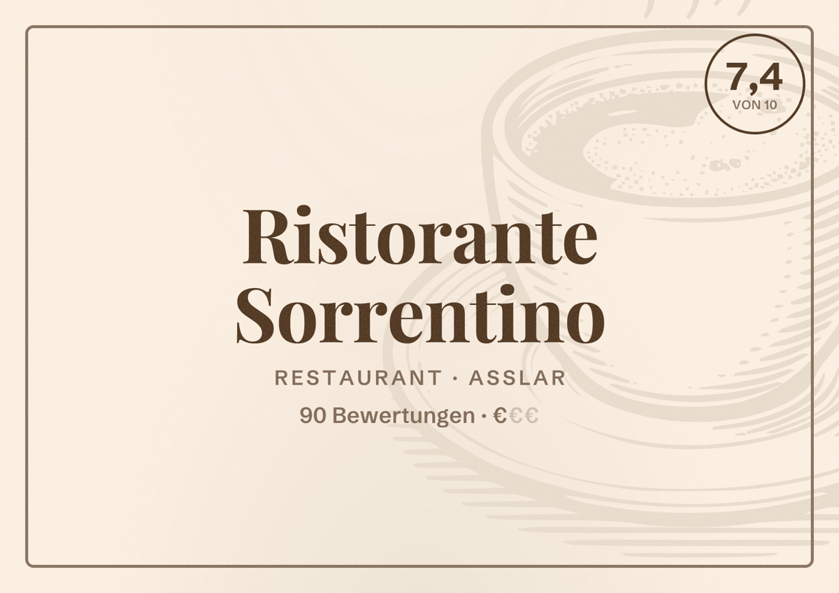 Illustriertes Poster von Ristorante Sorrentino, Restaurant in Aßlar: Bewertung 7,4 von 10 aus 90 Bewertungen, Preisniveau €