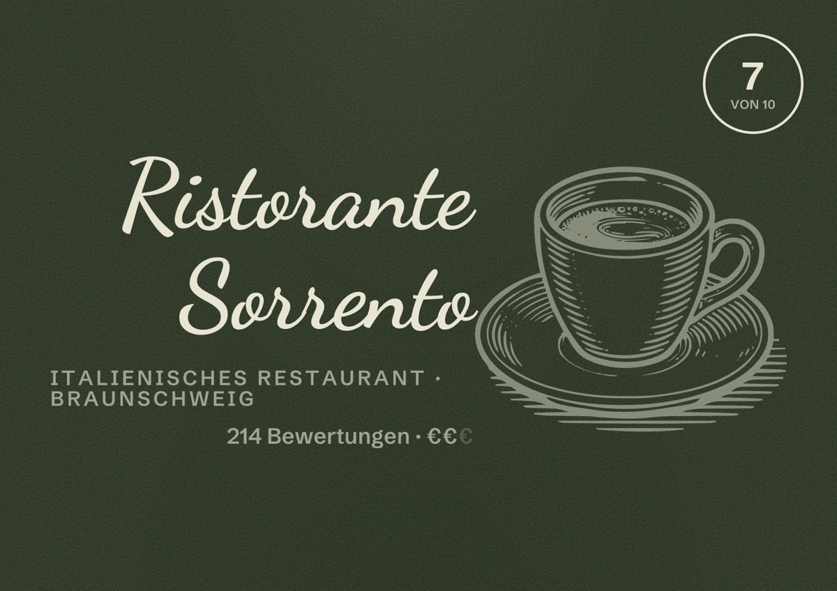 Illustriertes Poster von Ristorante Sorrento, Italienisches Restaurant in Braunschweig: Gästebewertung 7,0 von 10 aus 214 Bewertungen