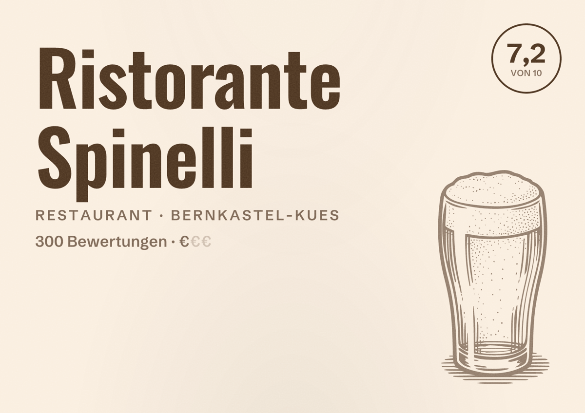 Illustriertes Poster von Ristorante Spinelli, Restaurant in Bernkastel-Kues: Bewertung 7,2 von 10 aus 300 Bewertungen, Preisniveau €
