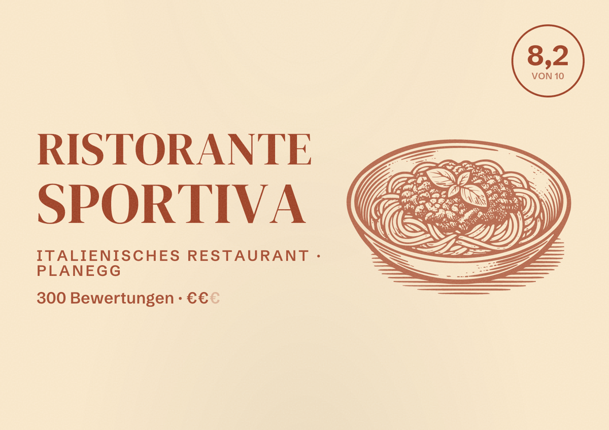 Illustriertes Poster von Ristorante Sportiva, Italienisches Restaurant in Planegg: Bewertung 8,2 von 10 aus 300 Bewertungen, Preisniveau €€