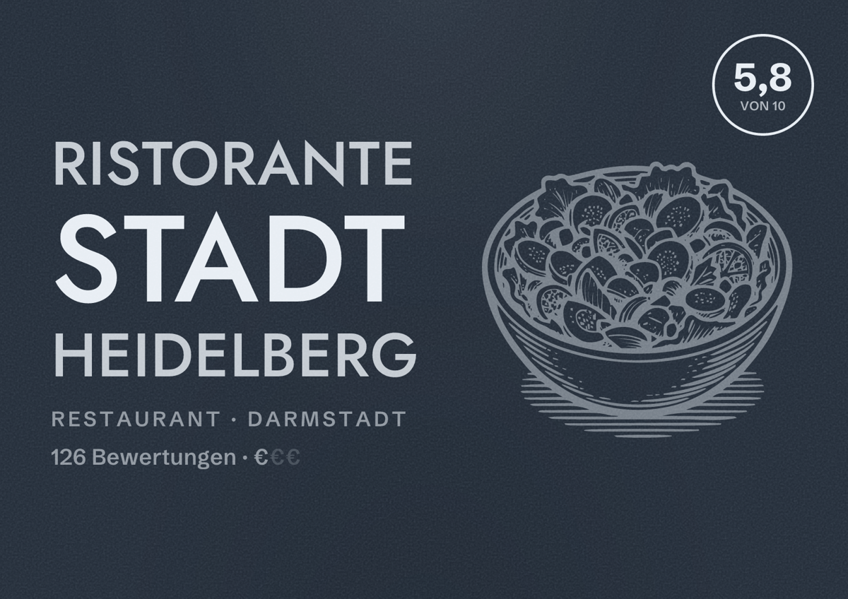 Illustriertes Poster von Ristorante Stadt Heidelberg, Restaurant in Darmstadt: Bewertung 5,8 von 10 aus 126 Bewertungen, Preisniveau €