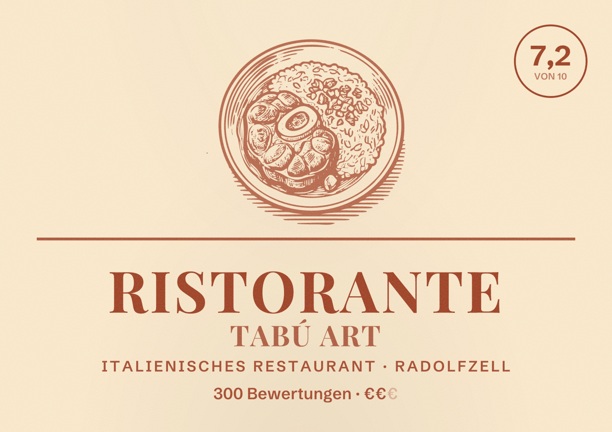 Illustriertes Poster von Ristorante Tabú Art, Italienisches Restaurant in Radolfzell: Bewertung 7,2 von 10 aus 300 Bewertungen, Preisniveau €€