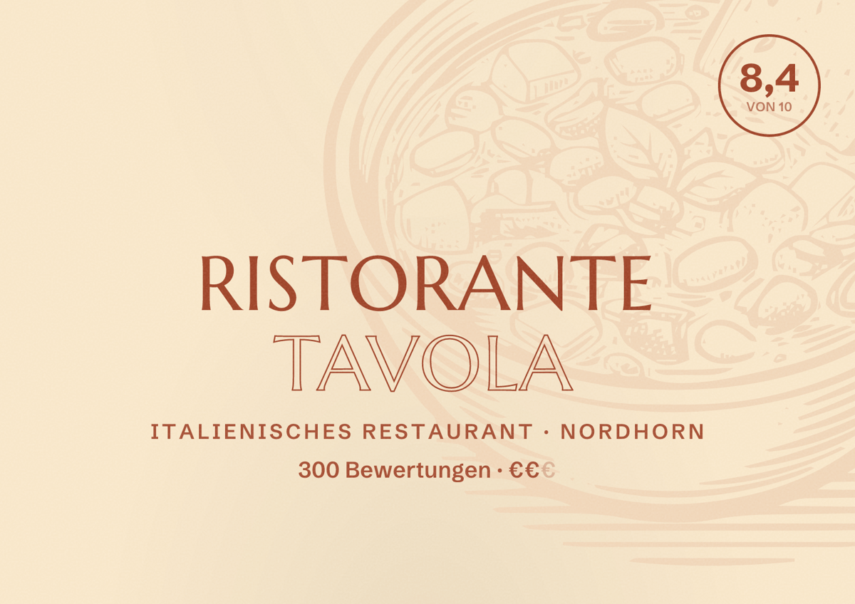Illustriertes Poster von Ristorante Tavola, Italienisches Restaurant in Nordhorn: Bewertung 8,4 von 10 aus 300 Bewertungen, Preisniveau €€