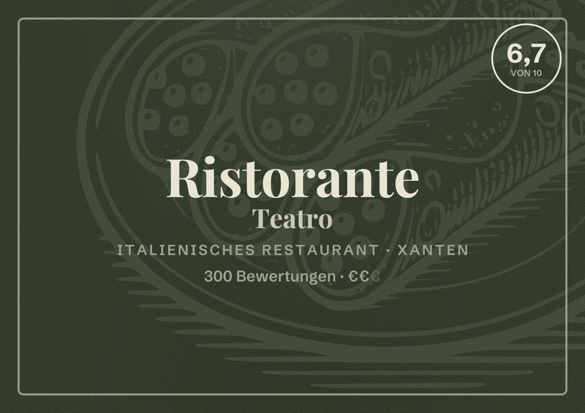 Illustriertes Poster von Ristorante Teatro, Italienisches Restaurant in Xanten: Bewertung 6,7 von 10 aus 300 Bewertungen, Preisniveau €€