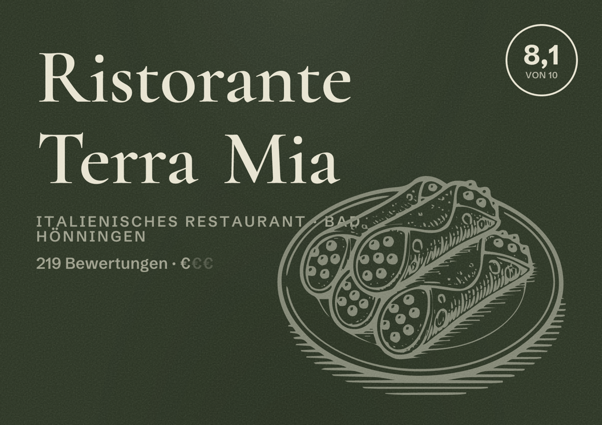 Illustriertes Poster von Ristorante Terra Mia, Italienisches Restaurant in Bad Hönningen: Bewertung 8,1 von 10 aus 219 Bewertungen, Preisniveau €