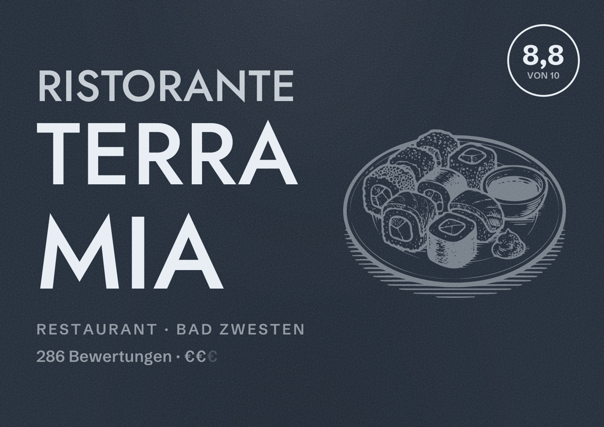 Illustriertes Poster von Ristorante Terra Mia, Restaurant in Bad Zwesten: Bewertung 8,8 von 10 aus 286 Bewertungen, Preisniveau €€
