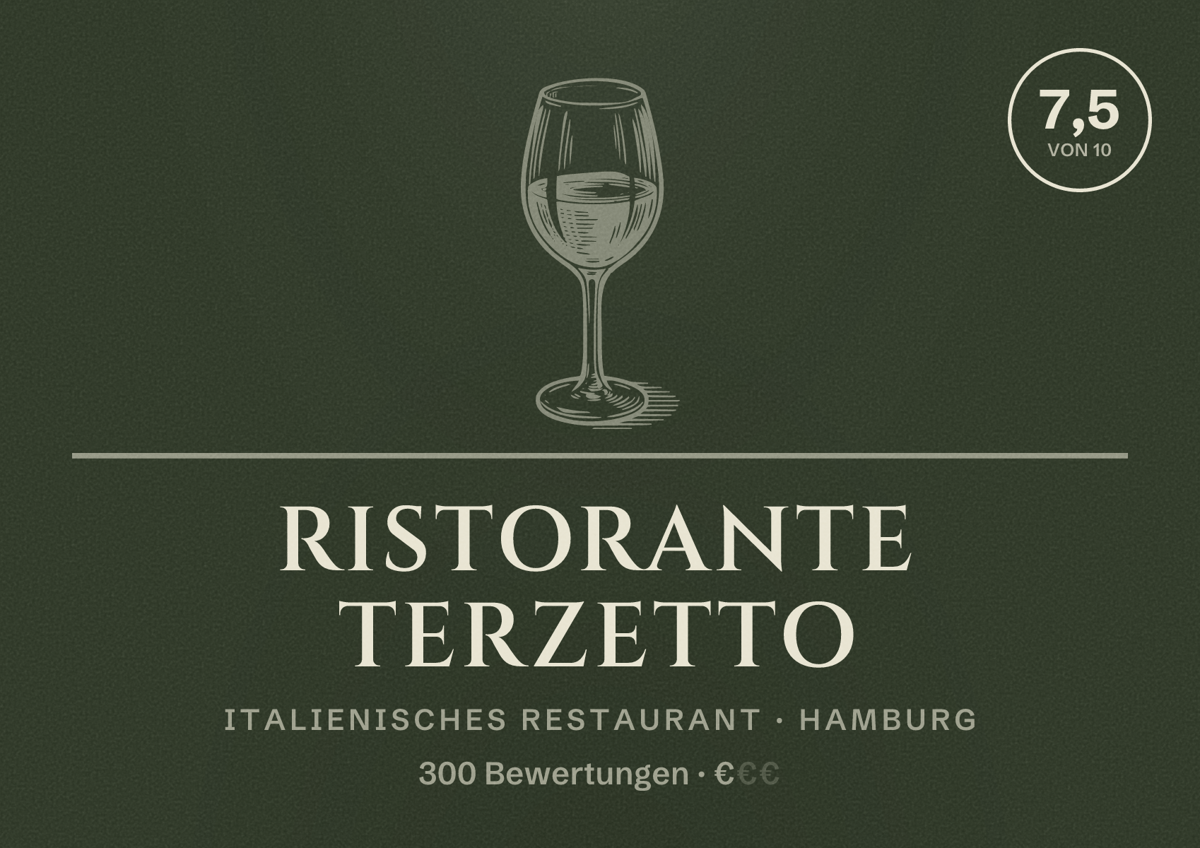 Illustriertes Poster von Ristorante Terzetto, Italienisches Restaurant in Hamburg: Bewertung 7,5 von 10 aus 300 Bewertungen, Preisniveau €