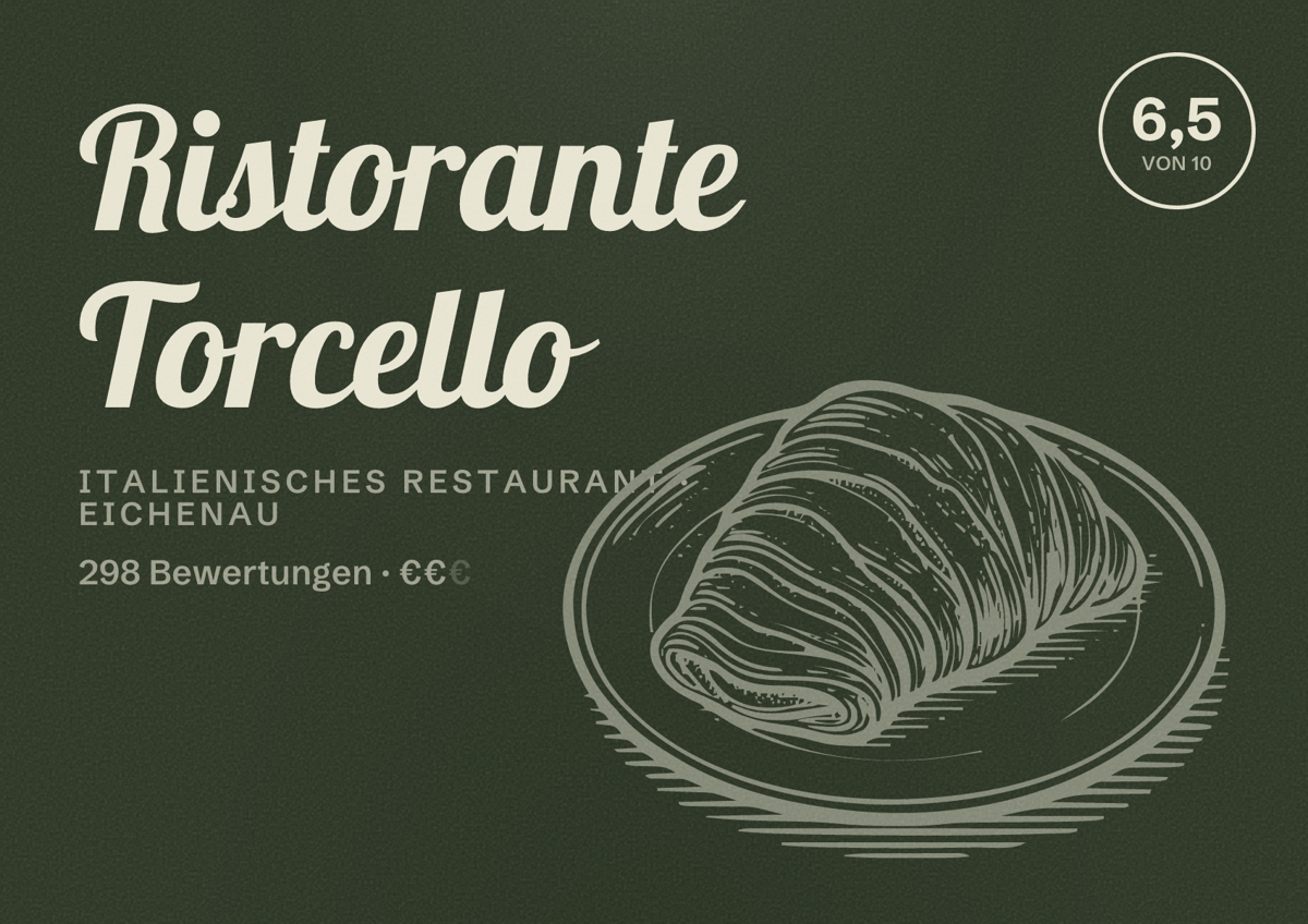 Illustriertes Poster von Ristorante Torcello, Italienisches Restaurant in Eichenau: Bewertung 6,5 von 10 aus 298 Bewertungen, Preisniveau €€